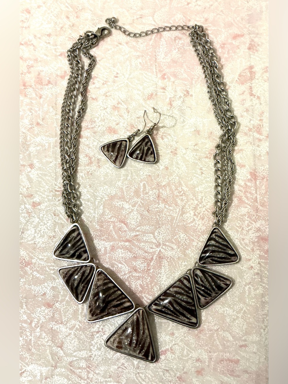 Silver-Tone Zebra Triangle Statement Necklace and Earring Set - Brown/Black